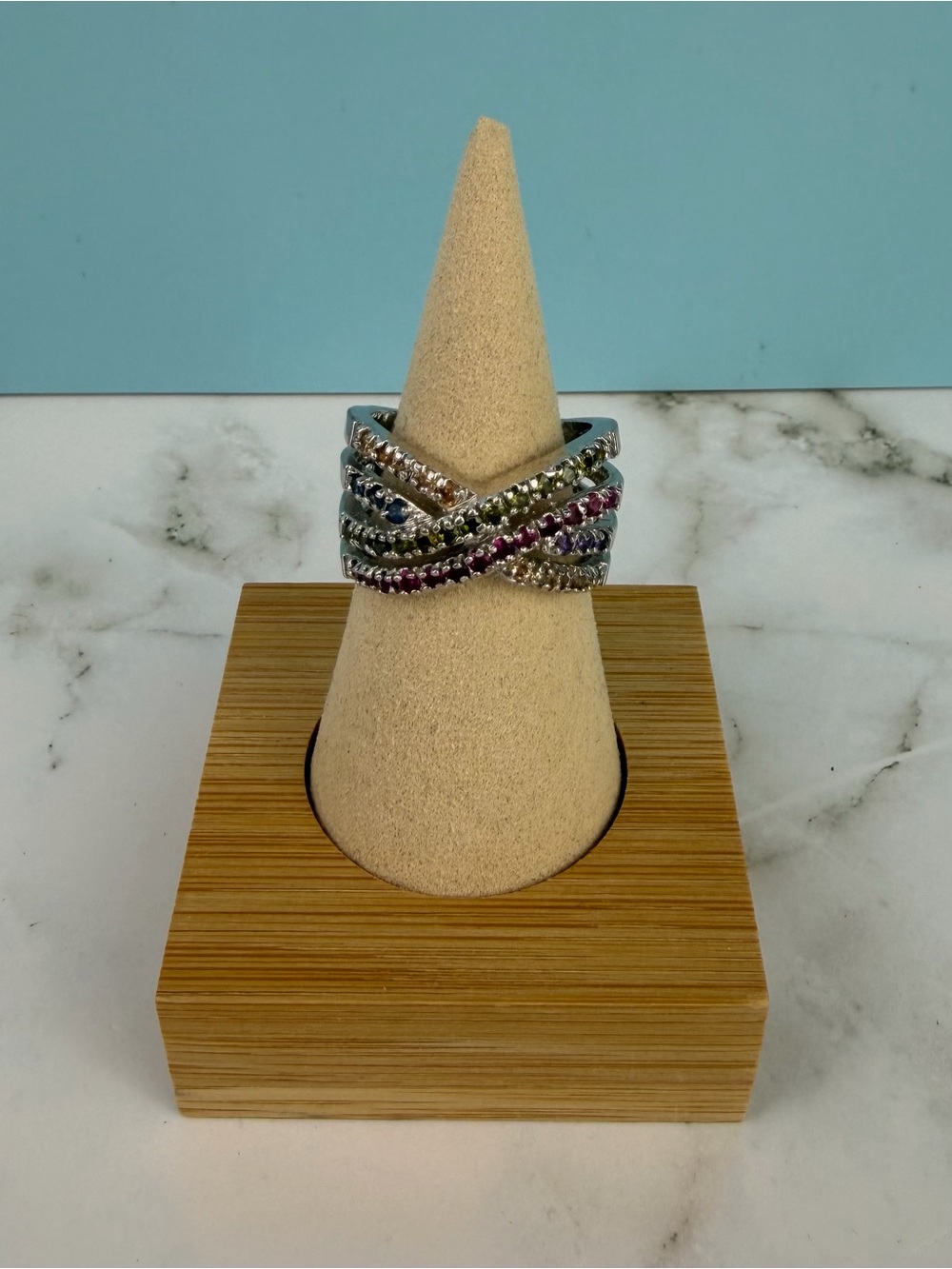 Vintage Rainbow Rhinestone Crossover X-Ring | Size 9 | Silver Tone Multi-Color